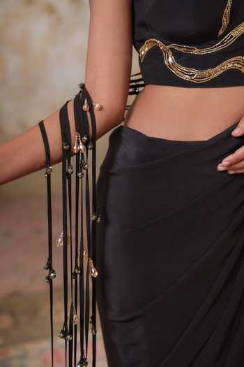Pooja Popli Black Crepe Sweetheart Neck Maya Pre-draped Saree With Embroidered Blouse Online at Aza Fashions Pooja Popli_Black Crepe Sweetheart Neck Maya Pre-draped Saree With Embroidered Blouse _Online_at_Aza_Fashions