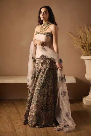 Buy Rocky Star Pink Silk, Net Stones, Sequins, Beads, Pearls Embellished Corset Skirt Set at Aza Fashions Buy_Rocky Star_Pink Silk, Net Stones, Sequins, Beads, Pearls Embellished Corset Skirt Set _at_Aza_Fashions