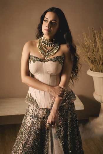 Shop Rocky Star Pink Silk, Net Stones, Sequins, Beads, Pearls Embellished Corset Skirt Set at Aza Fashions Shop_Rocky Star_Pink Silk, Net Stones, Sequins, Beads, Pearls Embellished Corset Skirt Set _at_Aza_Fashions