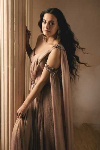 Buy Rocky Star Pink Georgette Embroidery One Shoulder Draped Gown at Aza Fashions Buy_Rocky Star_Pink Georgette Embroidery One Shoulder Draped Gown _at_Aza_Fashions