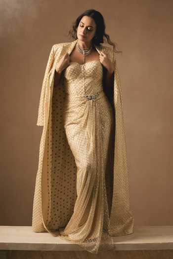 Buy Rocky Star Beige Net, Crepe Sequins Sweetheart Dramatic Long Jacket And Draped Skirt Set at Aza Fashions Buy_Rocky Star_Beige Net, Crepe Sequins Sweetheart Dramatic Long Jacket And Draped Skirt Set _at_Aza_Fashions