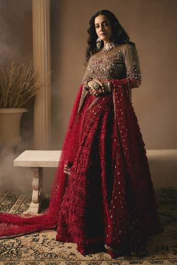 Buy Rocky Star Red Net, Silk Choker Neck Embellished Blouse Frill Lehenga Set at Aza Fashions Buy_Rocky Star_Red Net, Silk Choker Neck Embellished Blouse Frill Lehenga Set _at_Aza_Fashions