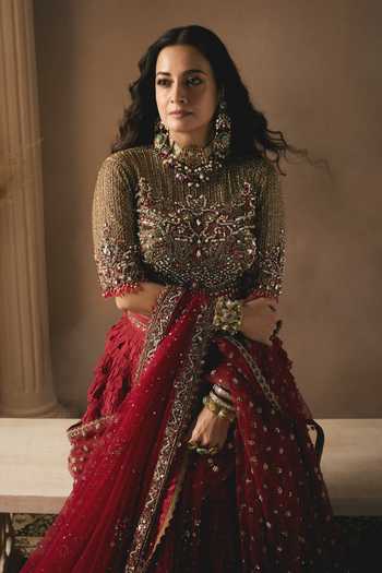 Shop Rocky Star Red Net, Silk Choker Neck Embellished Blouse Frill Lehenga Set at Aza Fashions Shop_Rocky Star_Red Net, Silk Choker Neck Embellished Blouse Frill Lehenga Set _at_Aza_Fashions