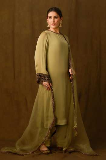 Afriya Green , Viscose, Silk Round Dabka Embroidery Satin Kurta Set at Aza Fashions Afriya_Green , Viscose, Silk Round Dabka Embroidery Satin Kurta Set _at_Aza_Fashions