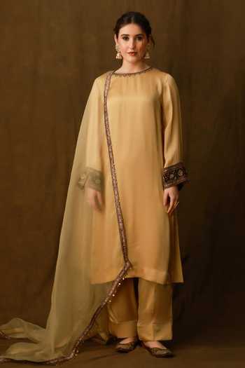 Afriya_Gold , Viscose, Satin, Silk Round Neck Kurta Set _Online_at_Aza_Fashions