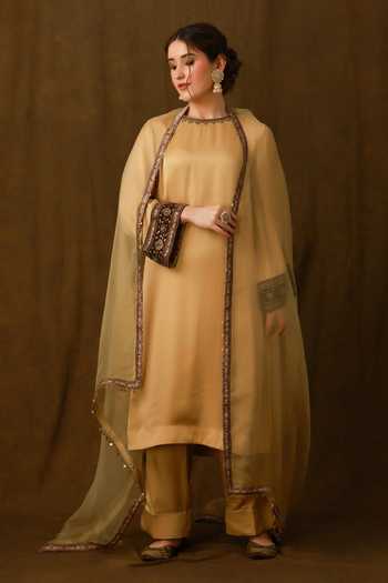 Buy_Afriya_Gold , Viscose, Satin, Silk Round Neck Kurta Set _Online_at_Aza_Fashions