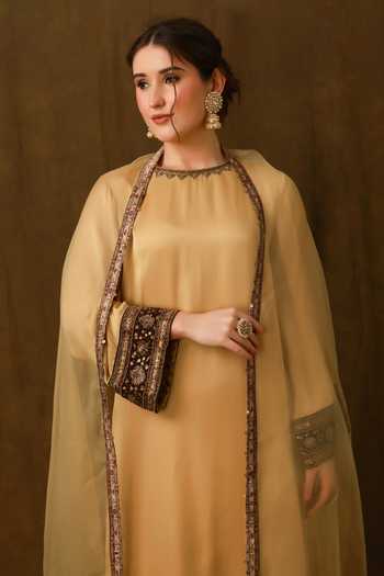 Shop_Afriya_Gold , Viscose, Satin, Silk Round Neck Kurta Set _Online_at_Aza_Fashions