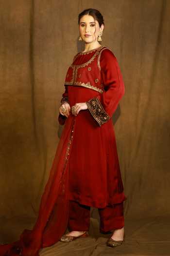 Afriya_Maroon Organza, Satin, Viscose, Silk Organza, Linen Round Embroidered Jacket Set _Online_at_Aza_Fashions