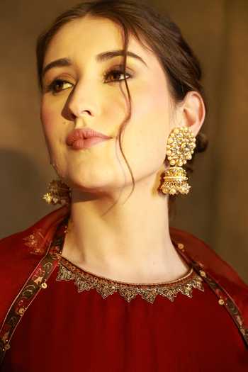 Buy_Afriya_Maroon Organza, Satin, Viscose, Silk Organza, Linen Round Embroidered Jacket Set _Online_at_Aza_Fashions