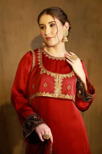 Shop_Afriya_Maroon Organza, Satin, Viscose, Silk Organza, Linen Round Embroidered Jacket Set _Online_at_Aza_Fashions