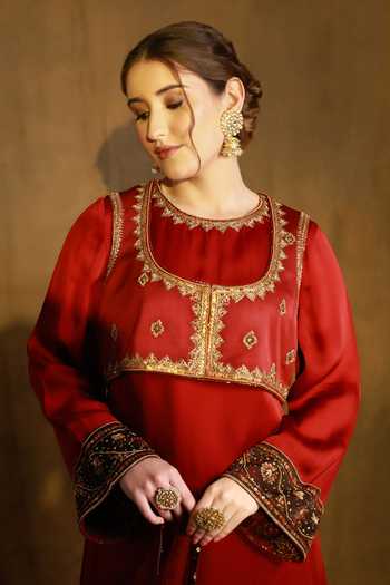 Afriya_Maroon Organza, Satin, Viscose, Silk Organza, Linen Round Embroidered Jacket Set _at_Aza_Fashions
