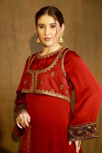 Shop_Afriya_Maroon Organza, Satin, Viscose, Silk Organza, Linen Round Embroidered Jacket Set 