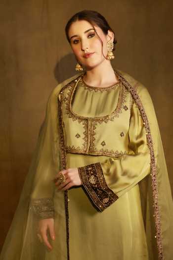 Afriya Green Organza, Satin, Viscose, Silk Organza, Kurta Set With Jacket And Dupatta Online at Aza Fashions Afriya_Green Organza, Satin, Viscose, Silk Organza, Kurta Set With Jacket And Dupatta _Online_at_Aza_Fashions