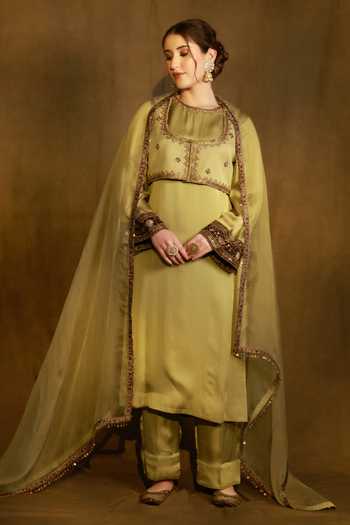 Shop Afriya Green Organza, Satin, Viscose, Silk Organza, Kurta Set With Jacket And Dupatta Online at Aza Fashions Shop_Afriya_Green Organza, Satin, Viscose, Silk Organza, Kurta Set With Jacket And Dupatta _Online_at_Aza_Fashions
