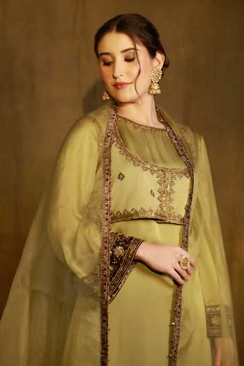 Shop Afriya Green Organza, Satin, Viscose, Silk Organza, Kurta Set With Jacket And Dupatta Shop_Afriya_Green Organza, Satin, Viscose, Silk Organza, Kurta Set With Jacket And Dupatta
