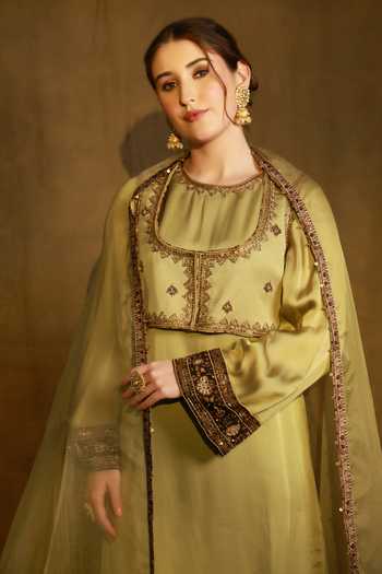 Afriya_Green Satin, Linen Scoop Neck Hand Embroidered Jacket _Online_at_Aza_Fashions