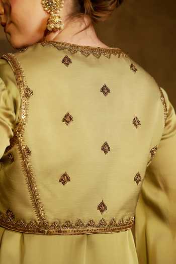 Buy_Afriya_Green Satin, Linen Scoop Neck Hand Embroidered Jacket _Online_at_Aza_Fashions