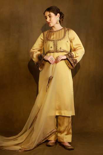 Afriya_Gold Organza, Satin, Viscose, Silk Organza, Linen Round Short Jacket Kurta Set _Online_at_Aza_Fashions