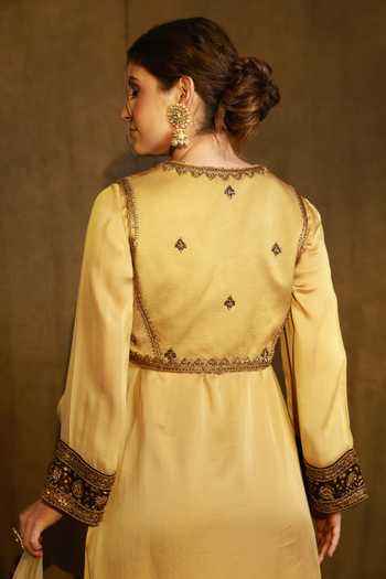 Buy_Afriya_Gold Organza, Satin, Viscose, Silk Organza, Linen Round Short Jacket Kurta Set _Online_at_Aza_Fashions