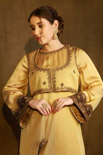 Shop_Afriya_Gold Organza, Satin, Viscose, Silk Organza, Linen Round Short Jacket Kurta Set _Online_at_Aza_Fashions