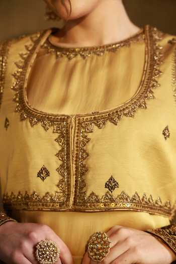 Afriya_Gold Organza, Satin, Viscose, Silk Organza, Linen Round Short Jacket Kurta Set _at_Aza_Fashions