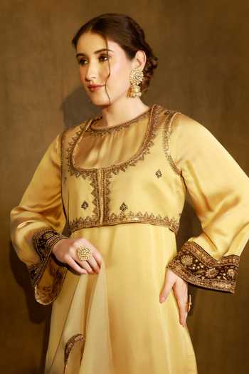 Afriya_Gold Satin, Linen Scoop Neck Hand Embroidered Jacket _Online_at_Aza_Fashions