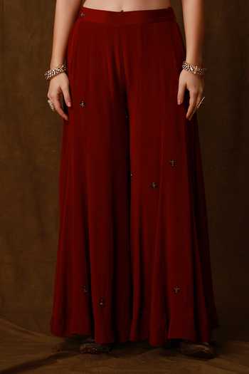 Afriya_Maroon Crepe, Silk Organza Sweetheart Neck Sheer Cape Sharara Set _Online_at_Aza_Fashions