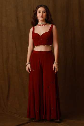 Buy_Afriya_Maroon Crepe, Silk Organza Sweetheart Neck Sheer Cape Sharara Set _Online_at_Aza_Fashions