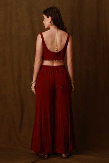 Shop_Afriya_Maroon Crepe, Silk Organza Sweetheart Neck Sheer Cape Sharara Set _Online_at_Aza_Fashions