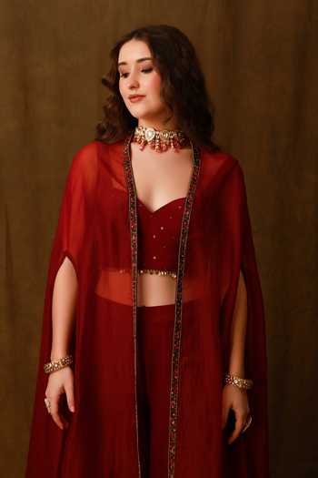 Afriya_Maroon Crepe, Silk Organza Sweetheart Neck Sheer Cape Sharara Set _at_Aza_Fashions