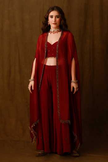 Buy_Afriya_Maroon Crepe, Silk Organza Sweetheart Neck Sheer Cape Sharara Set 