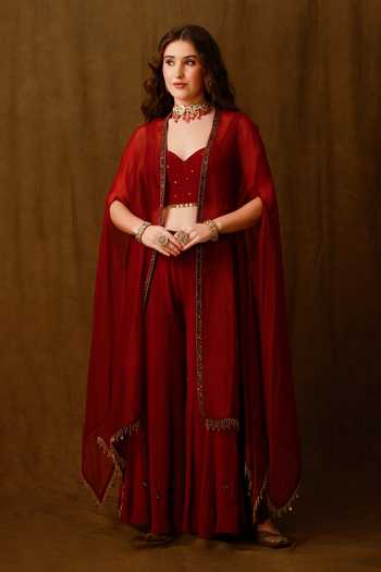 Shop_Afriya_Maroon Crepe, Silk Organza Sweetheart Neck Sheer Cape Sharara Set 