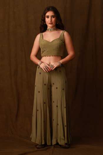 Buy_Afriya_Green Crepe, Silk Organza Sweetheart Neck Sheer Cape And Sharara Set _Online_at_Aza_Fashions