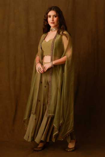 Shop_Afriya_Green Crepe, Silk Organza Sweetheart Neck Sheer Cape And Sharara Set _Online_at_Aza_Fashions
