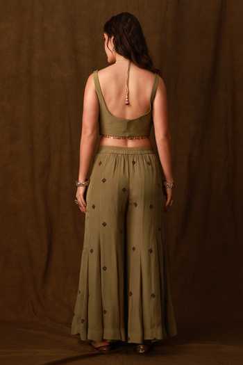 Afriya_Green Crepe, Silk Organza Sweetheart Neck Sheer Cape And Sharara Set _at_Aza_Fashions