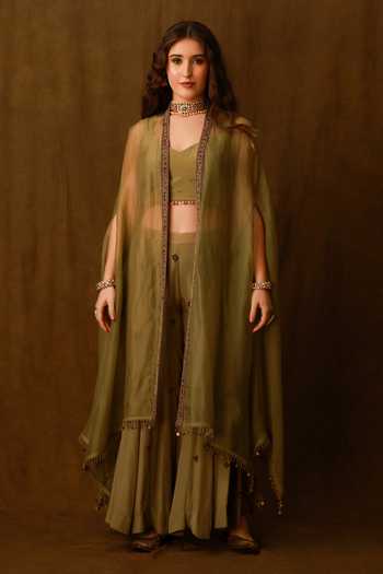 Buy_Afriya_Green Crepe, Silk Organza Sweetheart Neck Sheer Cape And Sharara Set 