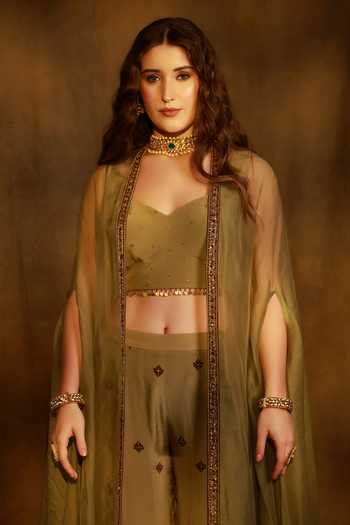 Shop_Afriya_Green Crepe, Silk Organza Sweetheart Neck Sheer Cape And Sharara Set 