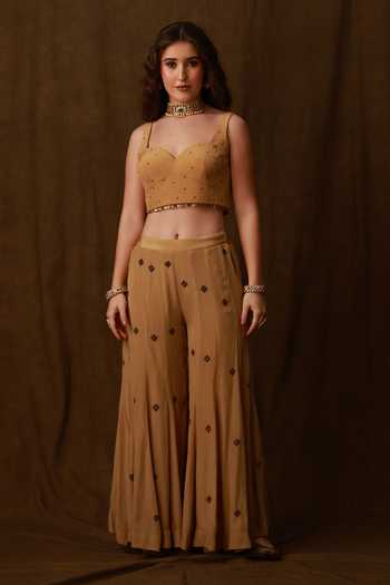 Buy Afriya Gold Crepe, Silk Organza Sweetheart Neck Embroidered Cape Sharara Set Online at Aza Fashions Buy_Afriya_Gold Crepe, Silk Organza Sweetheart Neck Embroidered Cape Sharara Set _Online_at_Aza_Fashions