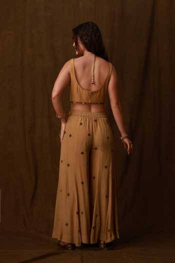 Shop Afriya Gold Crepe, Silk Organza Sweetheart Neck Embroidered Cape Sharara Set Online at Aza Fashions Shop_Afriya_Gold Crepe, Silk Organza Sweetheart Neck Embroidered Cape Sharara Set _Online_at_Aza_Fashions