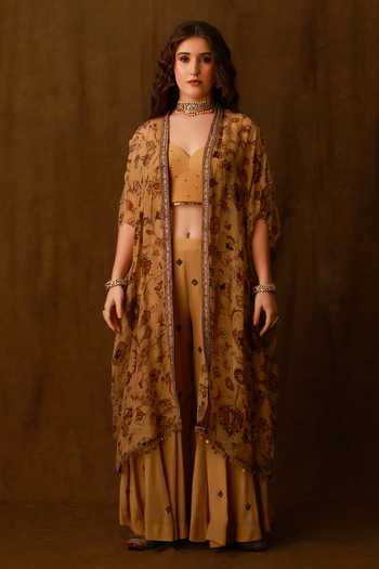 Afriya Gold Crepe, Silk Organza Sweetheart Neck Embroidered Cape Sharara Set at Aza Fashions Afriya_Gold Crepe, Silk Organza Sweetheart Neck Embroidered Cape Sharara Set _at_Aza_Fashions