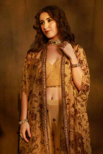 Buy Afriya Gold Crepe, Silk Organza Sweetheart Neck Embroidered Cape Sharara Set Buy_Afriya_Gold Crepe, Silk Organza Sweetheart Neck Embroidered Cape Sharara Set