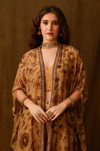 Shop Afriya Gold Crepe, Silk Organza Sweetheart Neck Embroidered Cape Sharara Set Shop_Afriya_Gold Crepe, Silk Organza Sweetheart Neck Embroidered Cape Sharara Set