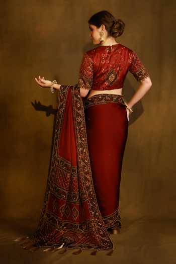 Afriya_Maroon Organza, Satin, Viscose, Linen Handwork Saree And Blouse Set _Online_at_Aza_Fashions