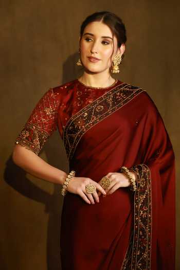 Buy_Afriya_Maroon Organza, Satin, Viscose, Linen Handwork Saree And Blouse Set _Online_at_Aza_Fashions