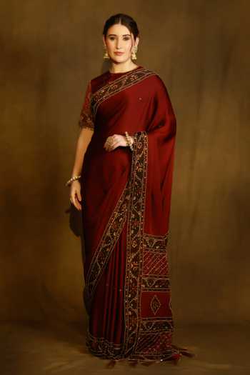 Shop_Afriya_Maroon Organza, Satin, Viscose, Linen Handwork Saree And Blouse Set _Online_at_Aza_Fashions
