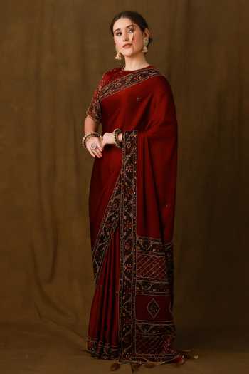 Afriya_Maroon Organza, Satin, Viscose, Linen Handwork Saree And Blouse Set _at_Aza_Fashions