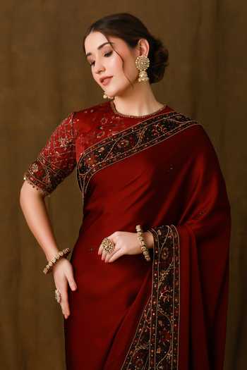 Shop_Afriya_Maroon Organza, Satin, Viscose, Linen Handwork Saree And Blouse Set 