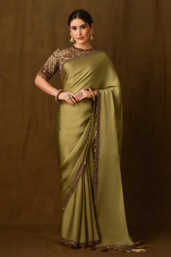 Afriya Green Organza, Satin, Viscose, Linen Round Neck Saree And Blouse Set Online at Aza Fashions Afriya_Green Organza, Satin, Viscose, Linen Round Neck Saree And Blouse Set _Online_at_Aza_Fashions