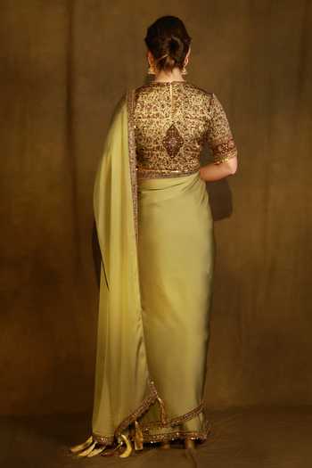 Afriya Viscose Satin Organza Saree & Linen Satin Blouse Set