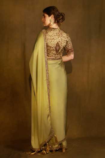 Shop Afriya Green Organza, Satin, Viscose, Linen Round Neck Saree And Blouse Set Online at Aza Fashions Shop_Afriya_Green Organza, Satin, Viscose, Linen Round Neck Saree And Blouse Set _Online_at_Aza_Fashions